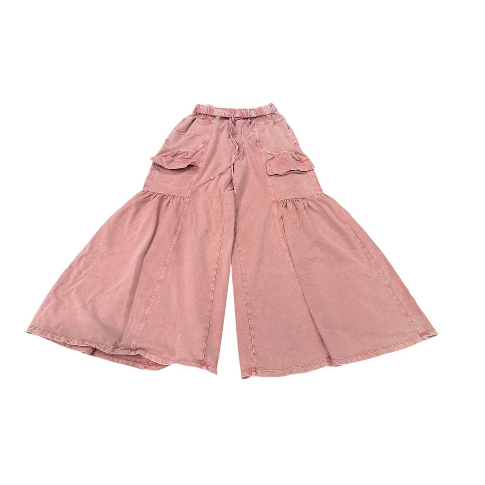 Easel Pink Mineral Wash Wide Leg Ruffle Cargo Pants Small Bohemian Acid Wash